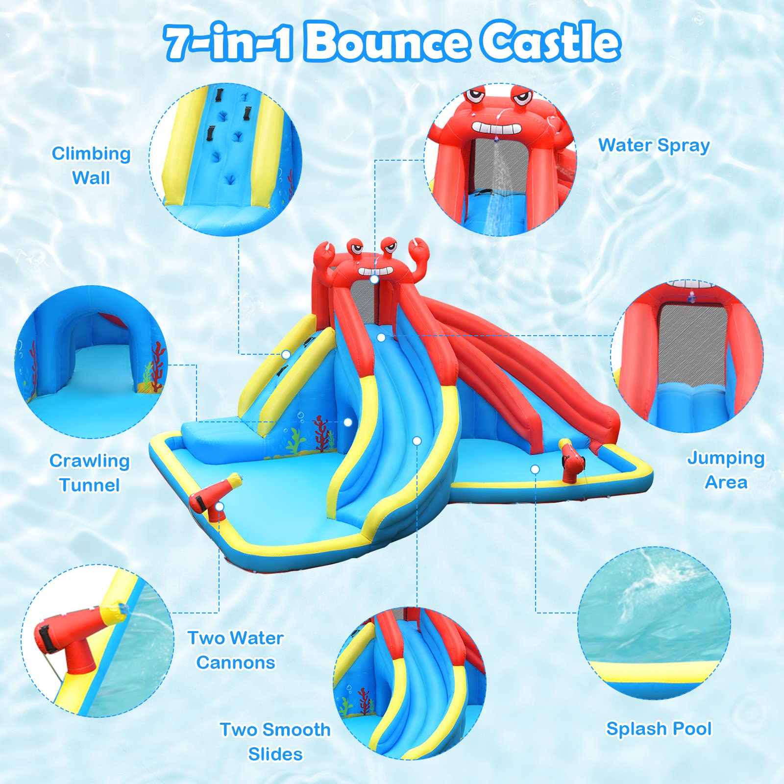HONEY JOY Inflatable Water Slide with Climbing Wall & 2 Slides - Crab Theme Blow Up Bounce House for Backyard, Outdoor Water Park for Kids & Adults - Perfect for Summer Parties, Birthday Events & Family Fun (Blower Not Included)