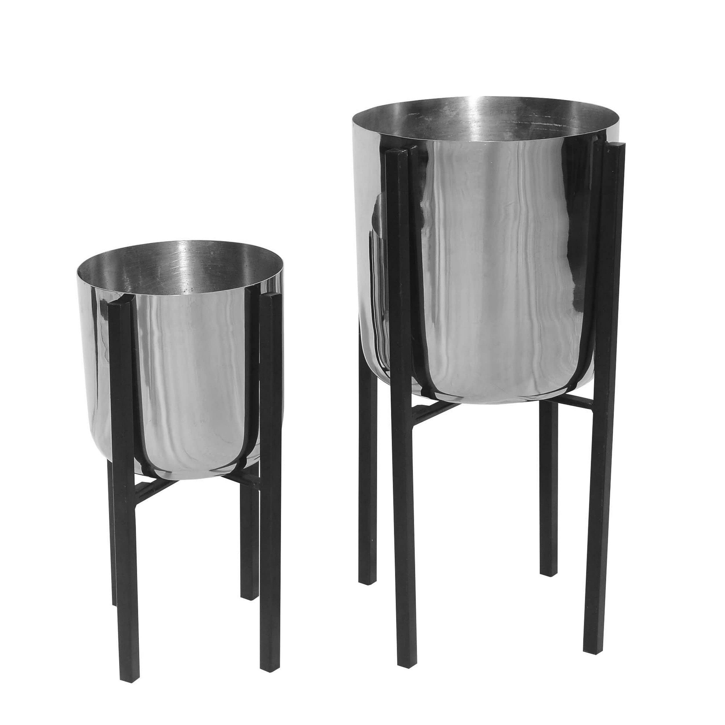 2 Pack Modern Iron Plant Stand with Bowl Shape & Tubular Metal Frame - Silver & Black Contemporary Indoor/Outdoor Flower Pot Holder for Home Garden, Patio, Balcony Decor
