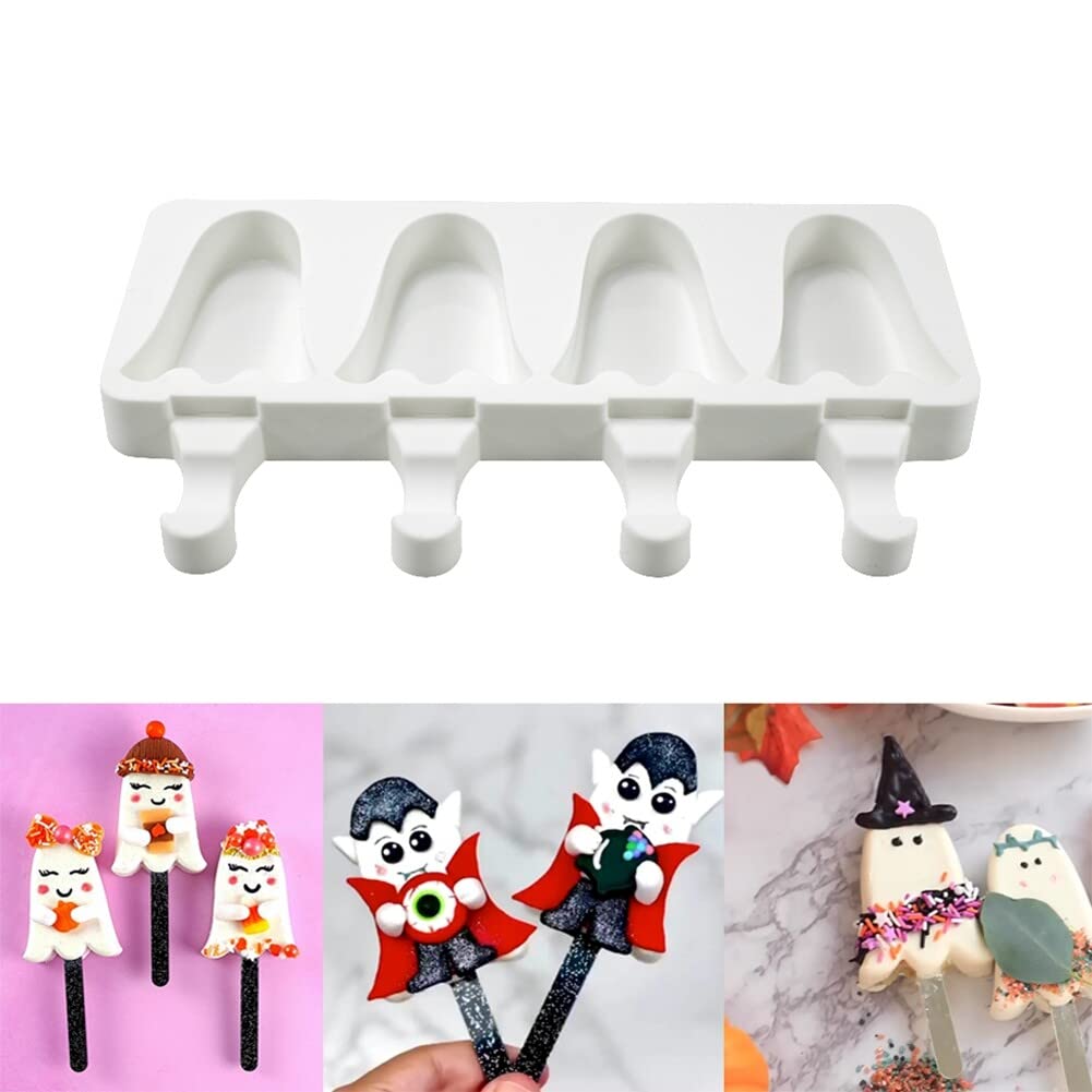 Ghost-Shaped Silicone Popsicle Molds - 4 Cavity Reusable Ice Pop Makers for Kids & Adults - Perfect for Halloween Treats, Summer Snacks, DIY Frozen Desserts, and Homemade Ice Cream