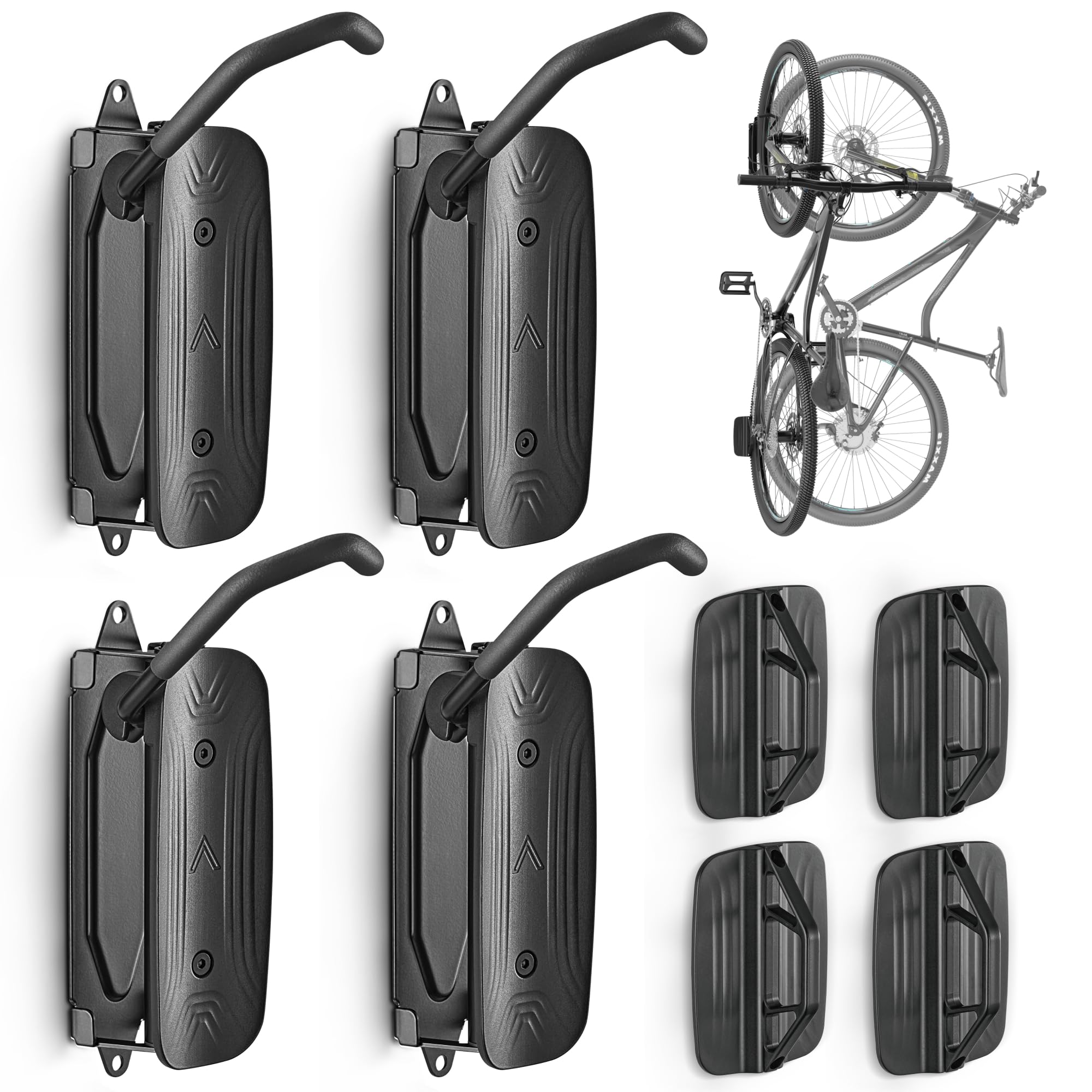monTEK Swivel Bike Wall Mount - Heavy Duty Vertical Bike Rack for Garage Storage (Holds 66lbs, 4 Pack) - Space Saving Solution for Bikes, Scooters & Sports Equipment - Perfect for Small Apartments, Garages & Indoor Cycling Spaces