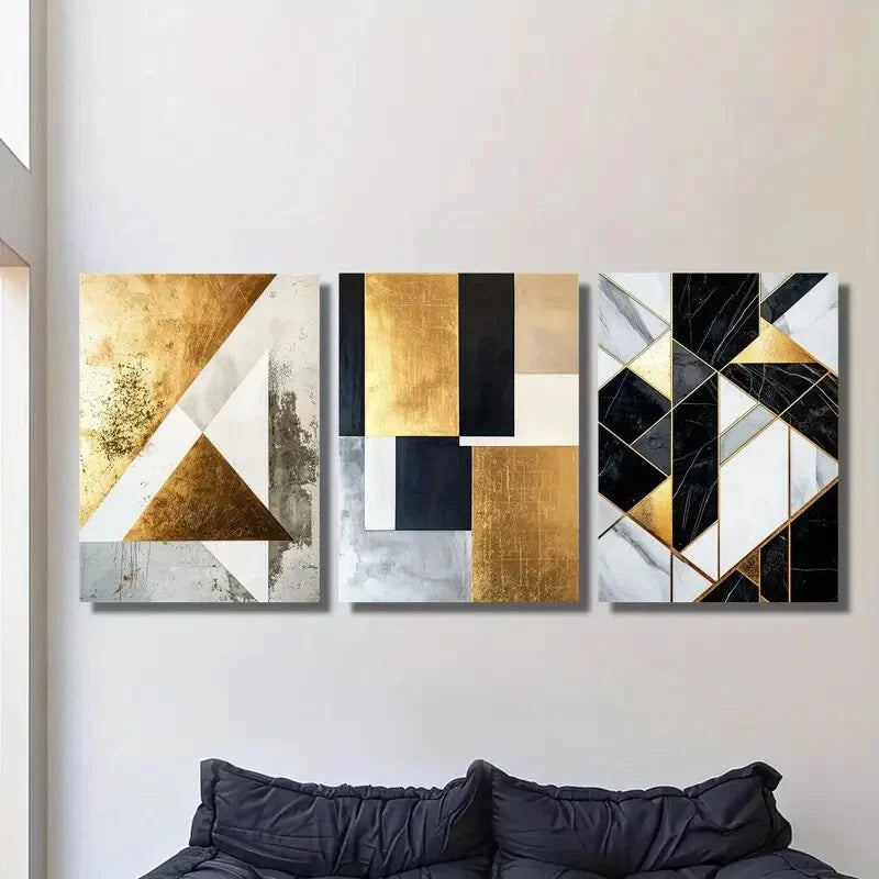 3-Piece Abstract Black & Gold Marble Metal Wall Art - Ready to Hang Modern Home Decor for Living Room, Bedroom & Office