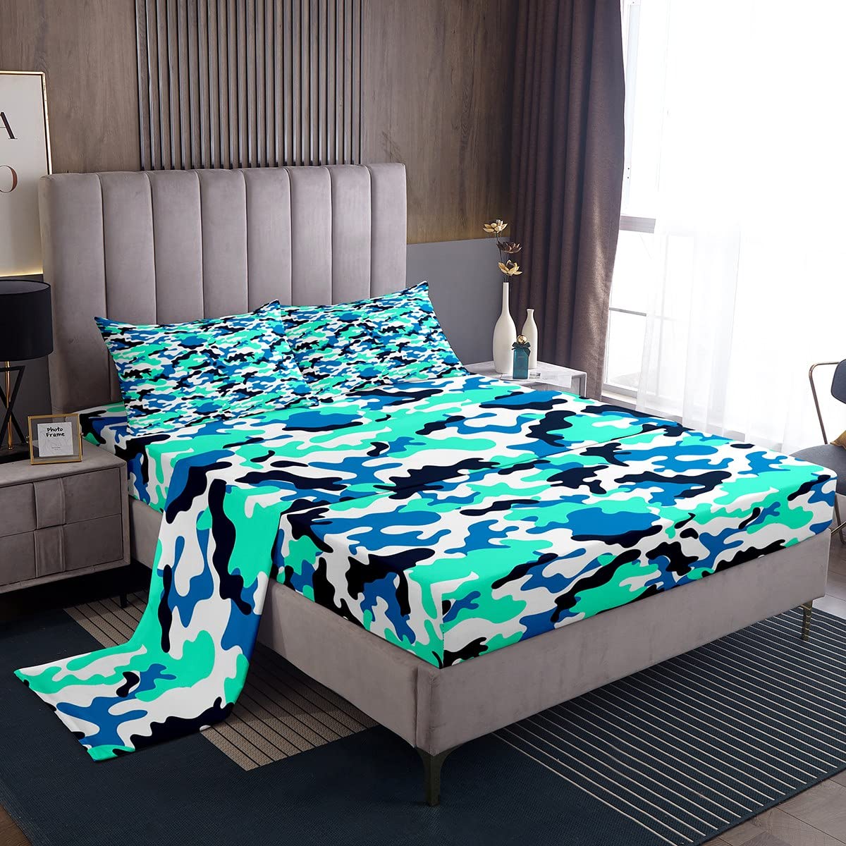 Erosebridal Army Camo Queen Sheet Set - Light Blue Camouflage Bedding for Kids & Teens - Military Style Flat Sheet & Abstract Print Fitted Sheet with 2 Pillowcases - Wrinkle Free, Soft & Breathable - Perfect for Youth Bedroom Decor, Dorm Room Essentials or Military-Themed Home Design