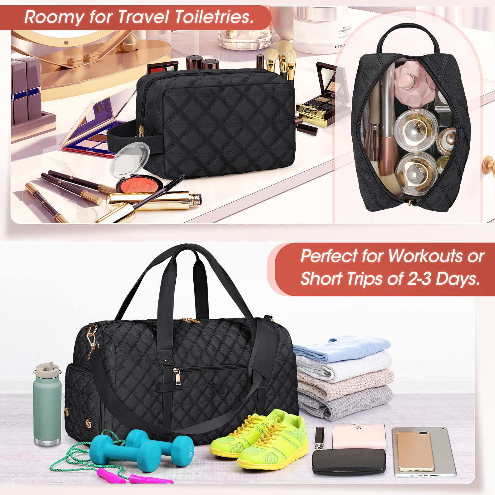 SDYSM Women's Waterproof Gym Bag with Shoe Compartment & Wet Pocket - Duffle Travel Bag for Sports, Yoga, Workout - Perfect for Gym, Travel & Weekend Getaways (Black)