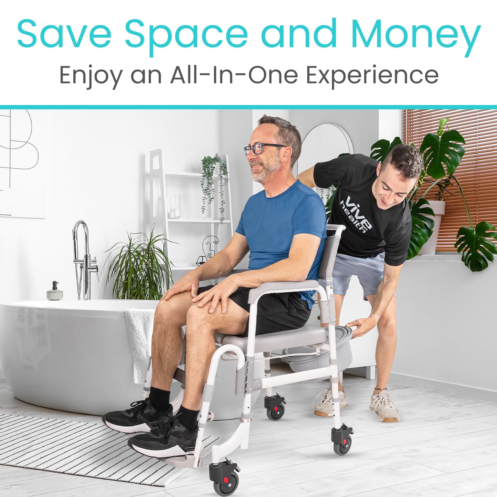 Vive 3-in-1 Rolling Commode & Shower Chair with Wheels - Adjustable Height Transport Wheelchair for Bathroom & Bedside Use - Mobility Aid for Disabled Adults, Elderly & Seniors - FSA/HSA Eligible - Ideal for Home Care, Post-Surgery Recovery & Assisted Living Facilities
