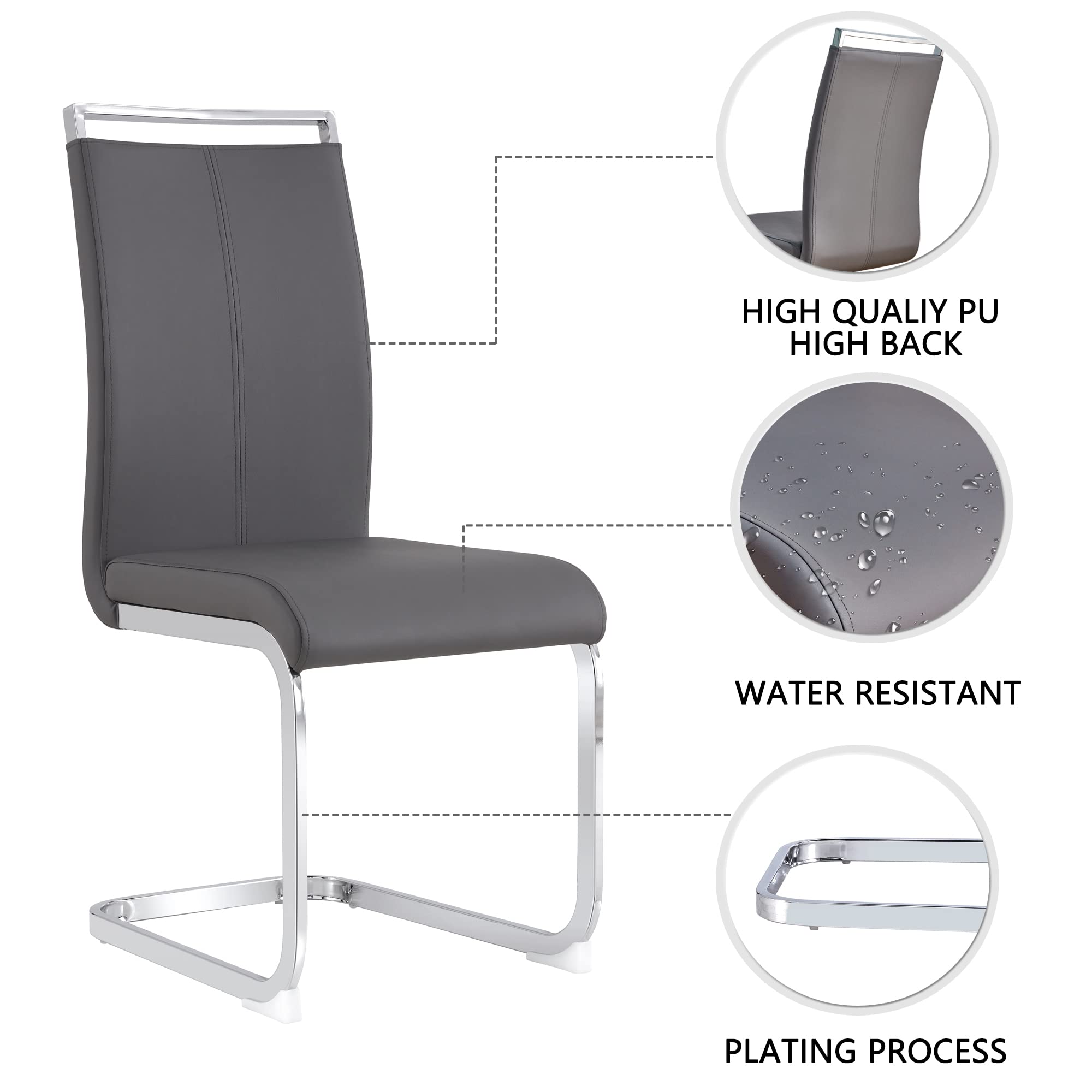 Modern Metal Dining Chairs Set of 4 - High Back Faux Leather Padded Kitchen Chairs with Sturdy Chrome Legs for Dining Room (Grey) - Perfect for Home, Restaurant & Office Use
