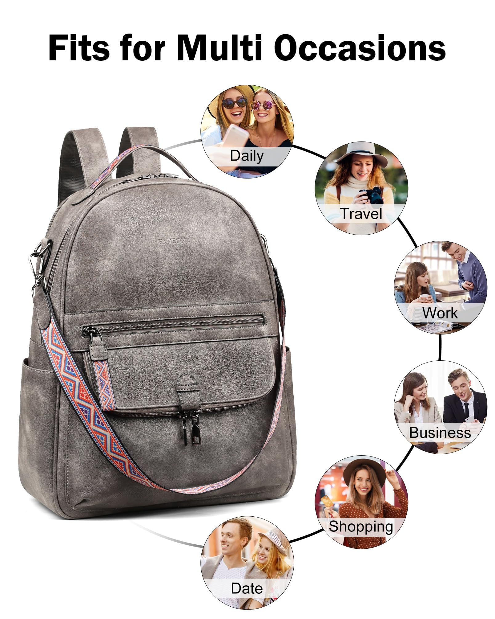 FADEON Leather Laptop Backpack for Women - Stylish PU Travel Bag with Laptop Compartment for Work & Commuting