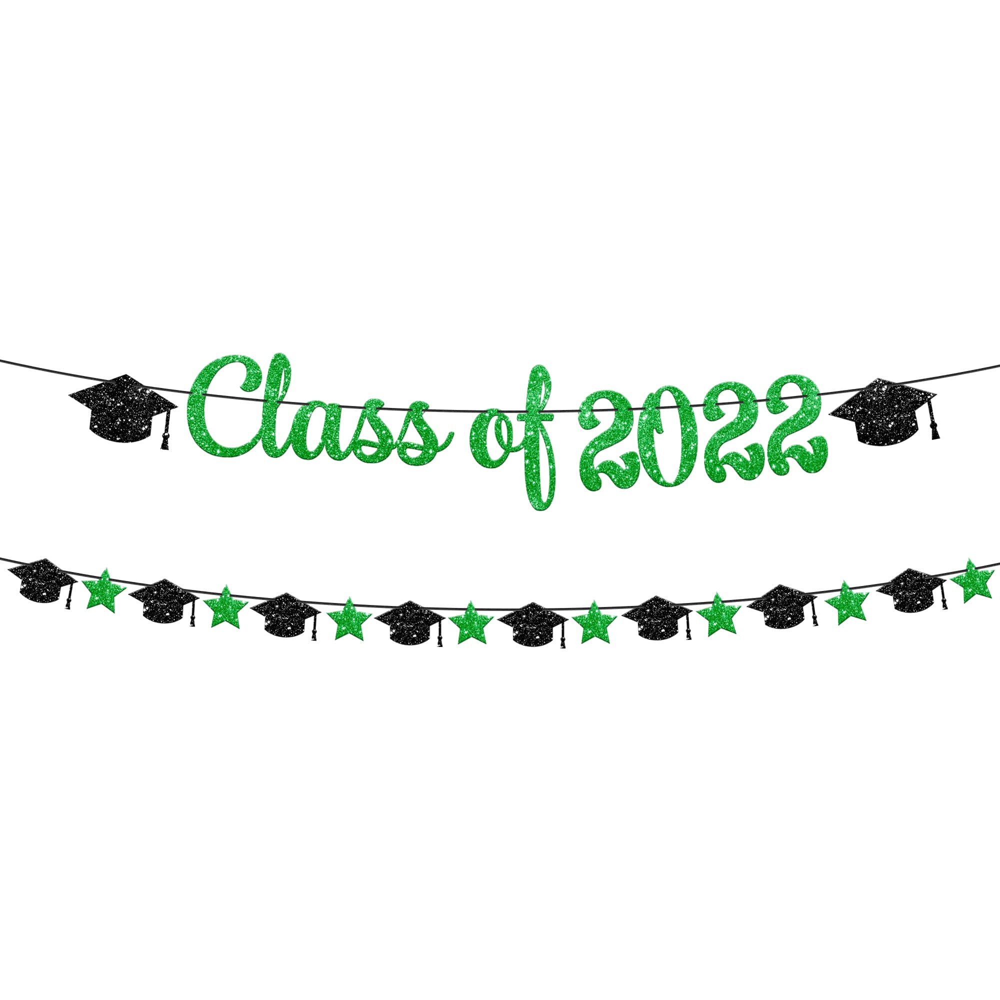 Class of 2022 Graduation Banner - 10ft Green Glitter Banner with Cap Garland | No DIY Graduation Party Decorations | Green & Black Graduation Decor for High School & College Graduation Ceremony | Perfect for Graduation Party Backdrop, Photo Booth & Wall Decor