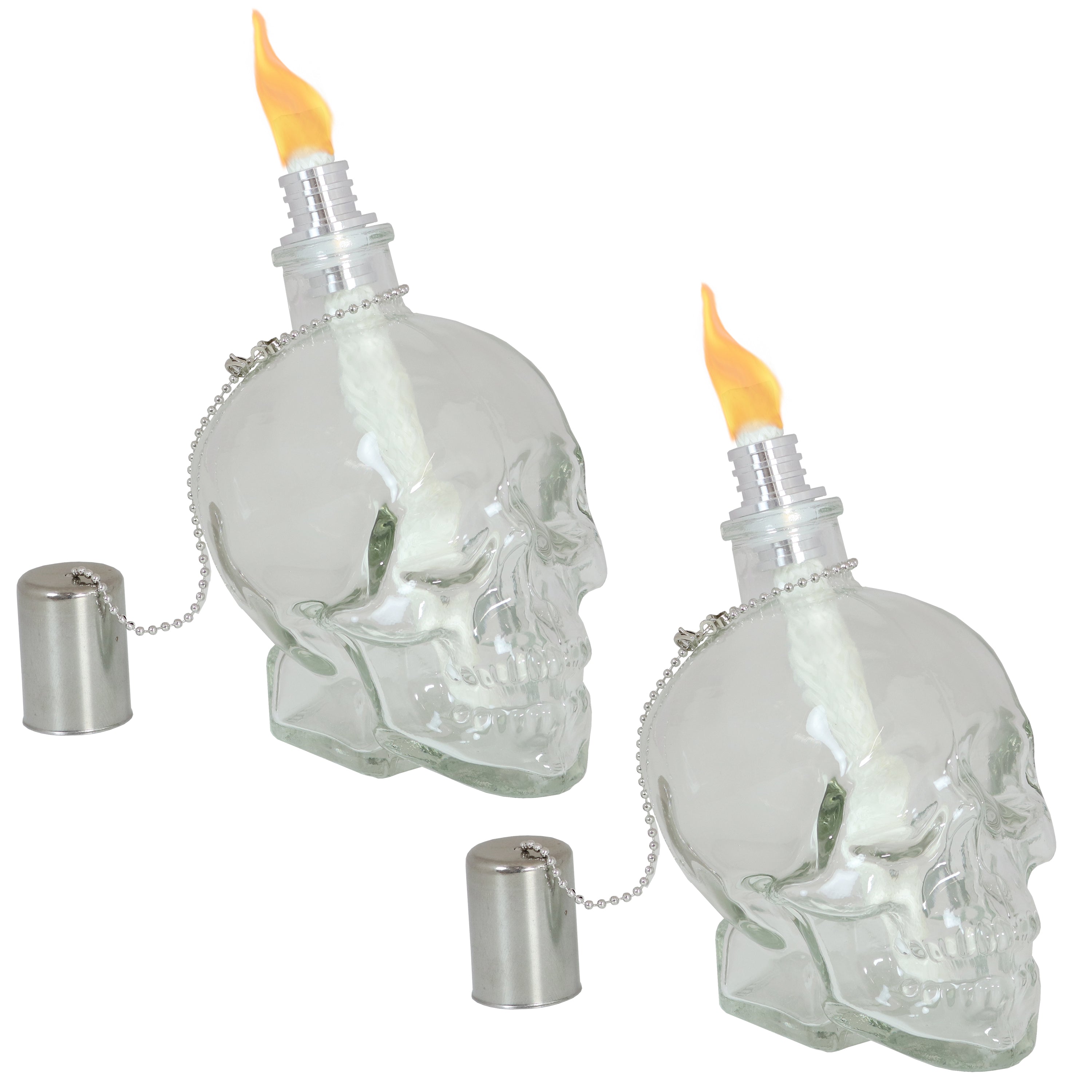 Sunnydaze Grinning Skull Glass Tabletop Torches - Outdoor Halloween Decorations, Patio Fire Pit Accessories, Spooky Party Centerpieces for Backyard, Garden & Poolside Gatherings
