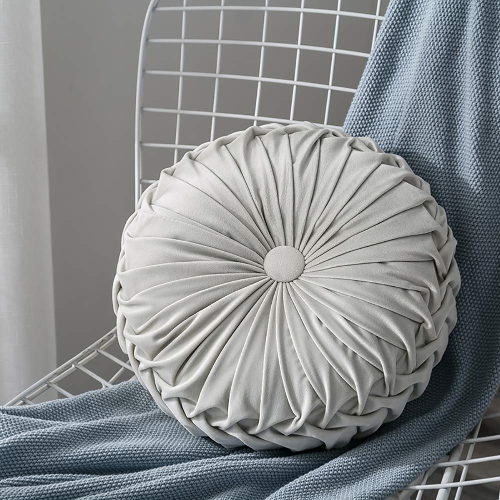 Round Velvet Pumpkin Cushions - Soft Pleated Decorative Pillow for Sofa, Chair, Bed & Car - Light Gray Home Decor Accent - Perfect for Fall Decor, Cozy Living Room & Seasonal Home Styling