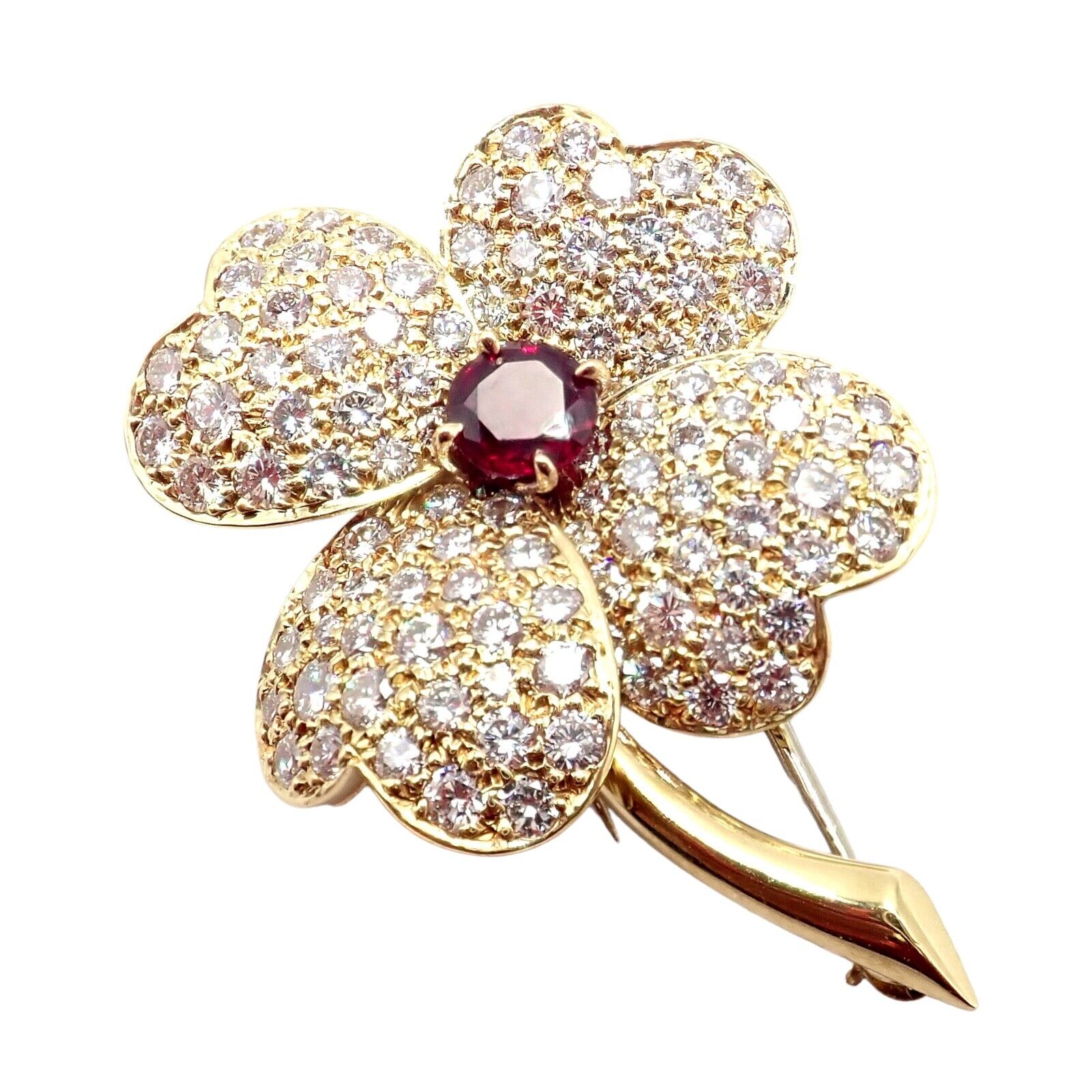 Vintage Van Cleef & Arpels Cosmos 18k Yellow Gold Diamond Ruby Brooch Pendant - Luxury Jewelry for Special Occasions & Gift Giving