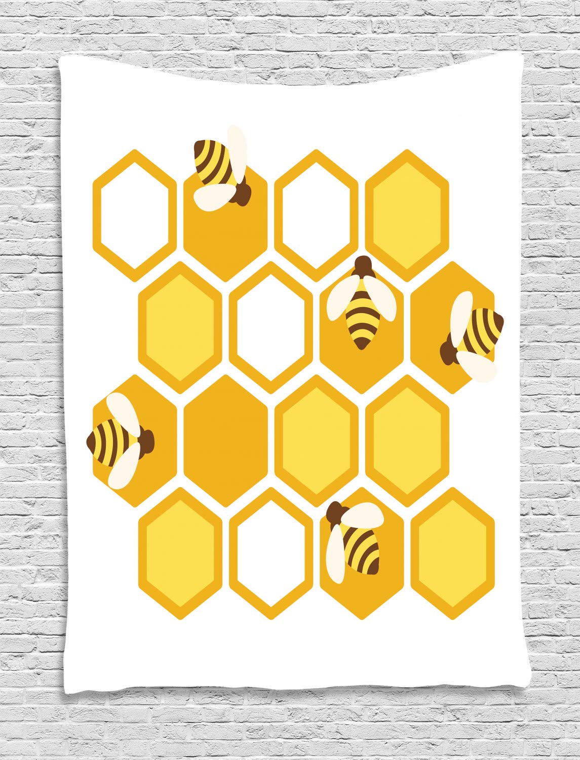 Ambesonne Honey Bee Tapestry Wall Hanging - Geometric Honeycomb & Bee Design - 60