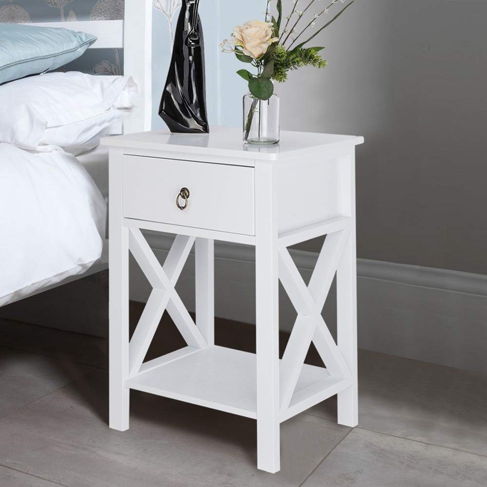 Bonnlo White Nightstand with Drawer & Shelf - Farmhouse Bedside Table, Rustic End Table for Small Spaces, Dorm, Kids Room & Living Room - Perfect for Bedroom Storage & Home Decor