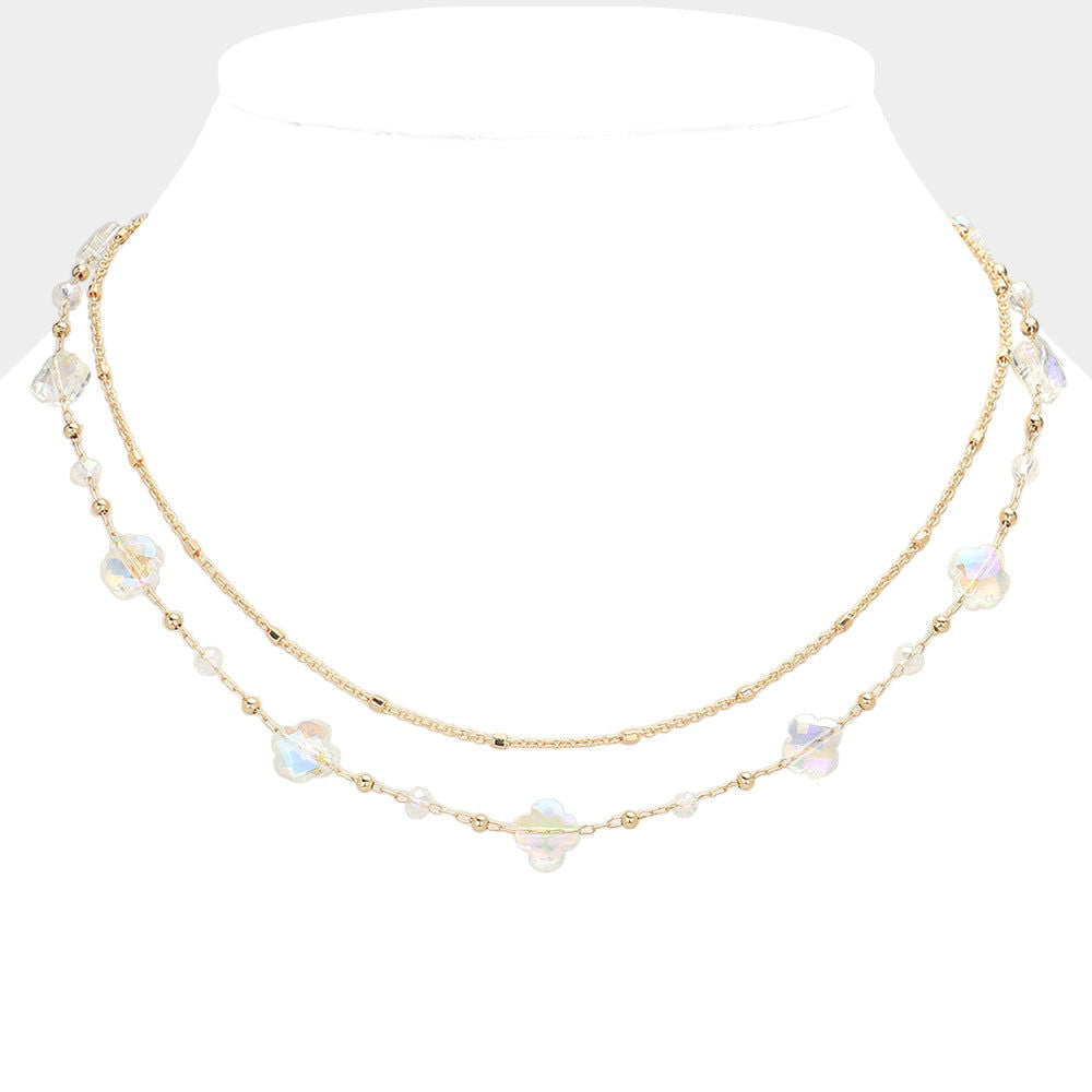 Elegant Clear Gold Faceted Quatrefoil Beaded Layered Chain Necklace for Women - Perfect for Weddings, Parties & Everyday Wear