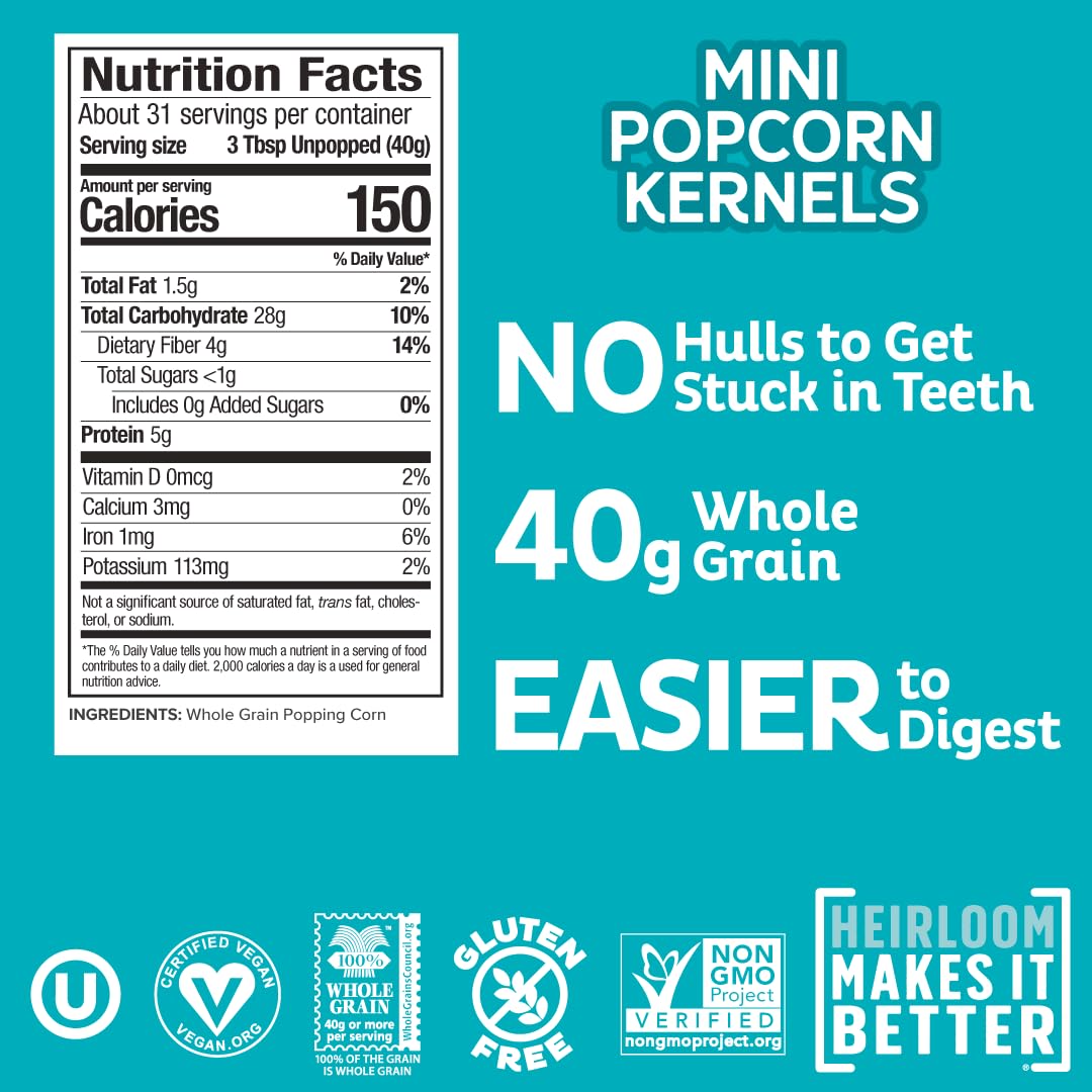 Pipcorn Heirloom Mini Popcorn Kernels - Non-GMO, Vegan, Gluten-Free Healthy Snacks, 44 oz Jar - Perfect for Movie Nights, Parties & Healthy Munching