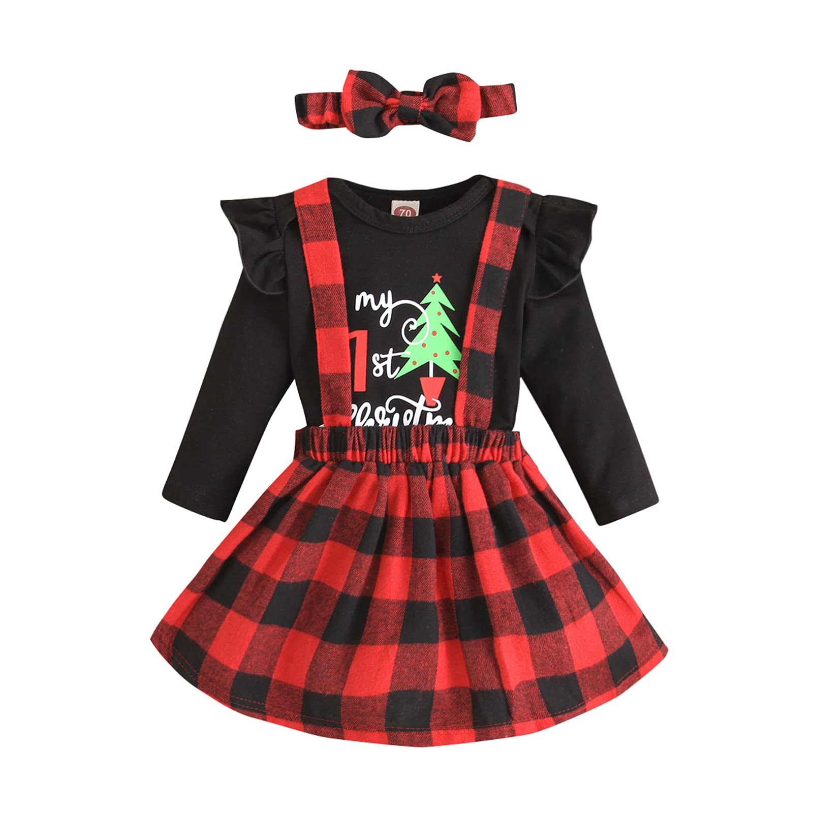 Adorable Newborn Baby Girl Christmas Outfit Set - Long Sleeve Romper with Striped Suspenders, Skirt & Headband | Perfect for Holiday Photos, Family Gatherings & Festive Celebrations