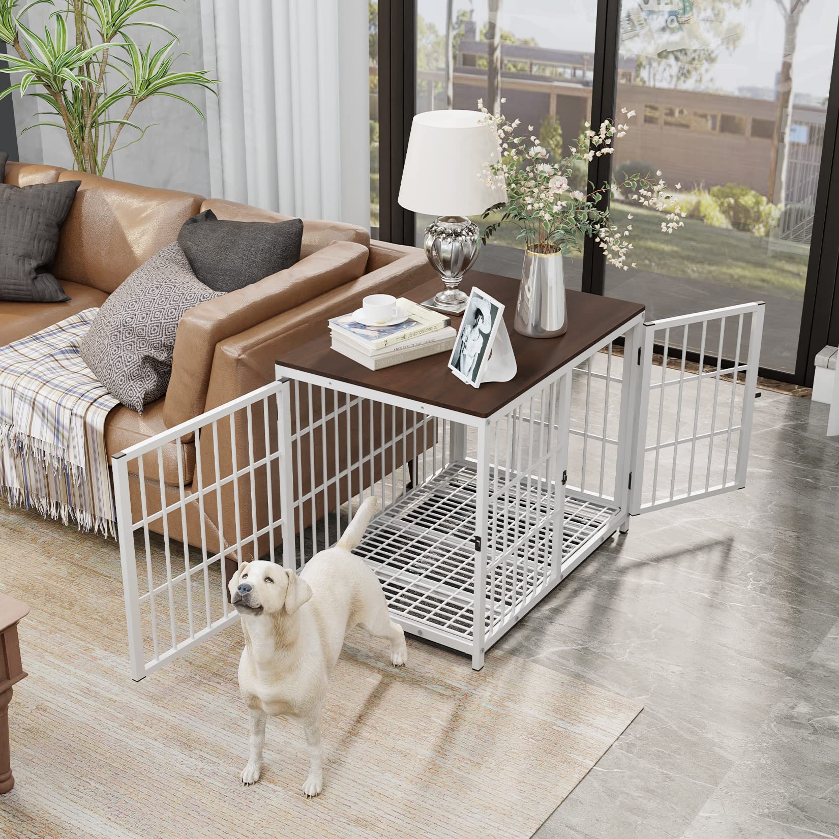 Heavy Duty 36-Inch Large Dog Crate Furniture - Wooden Metal Wire Kennel with 3 Doors & Removable Tray - Indoor Training Playpen for Medium to Large Dogs - White | Perfect for Living Room, Bedroom, or Office Decoration & Pet Safety