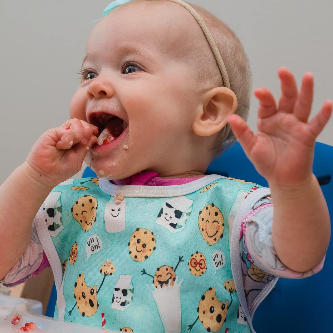BapronBaby Cookies & Milk Bapron - No Neck Tie Safer Bib for Babies & Toddlers 3-5 Years - Soft Waterproof & Stain Resistant Feeding Apron - Machine Washable Preschool Bib - Perfect for Mealtime, Snacks & Messy Play