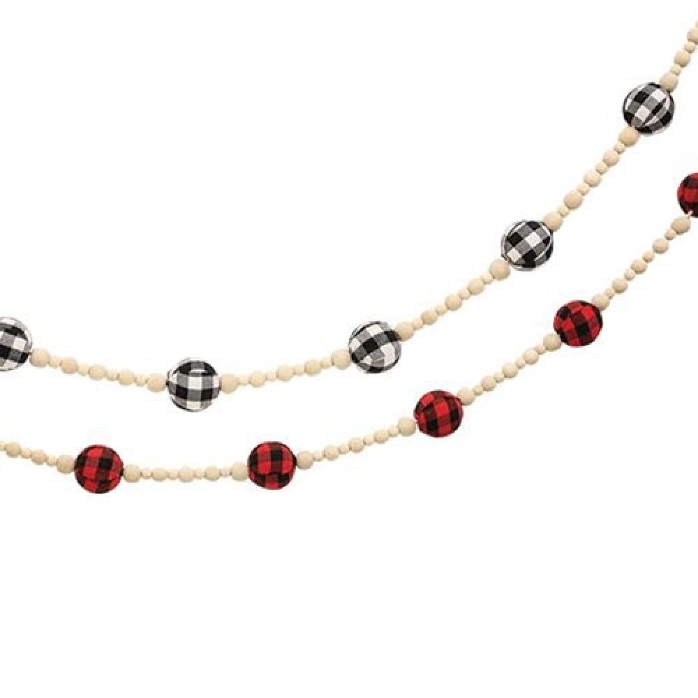 Buffalo Check Rag Ball & Wood Bead Garland - 6ft Rustic Christmas Decor for Tree, Mantel, and Holiday Home Decoration