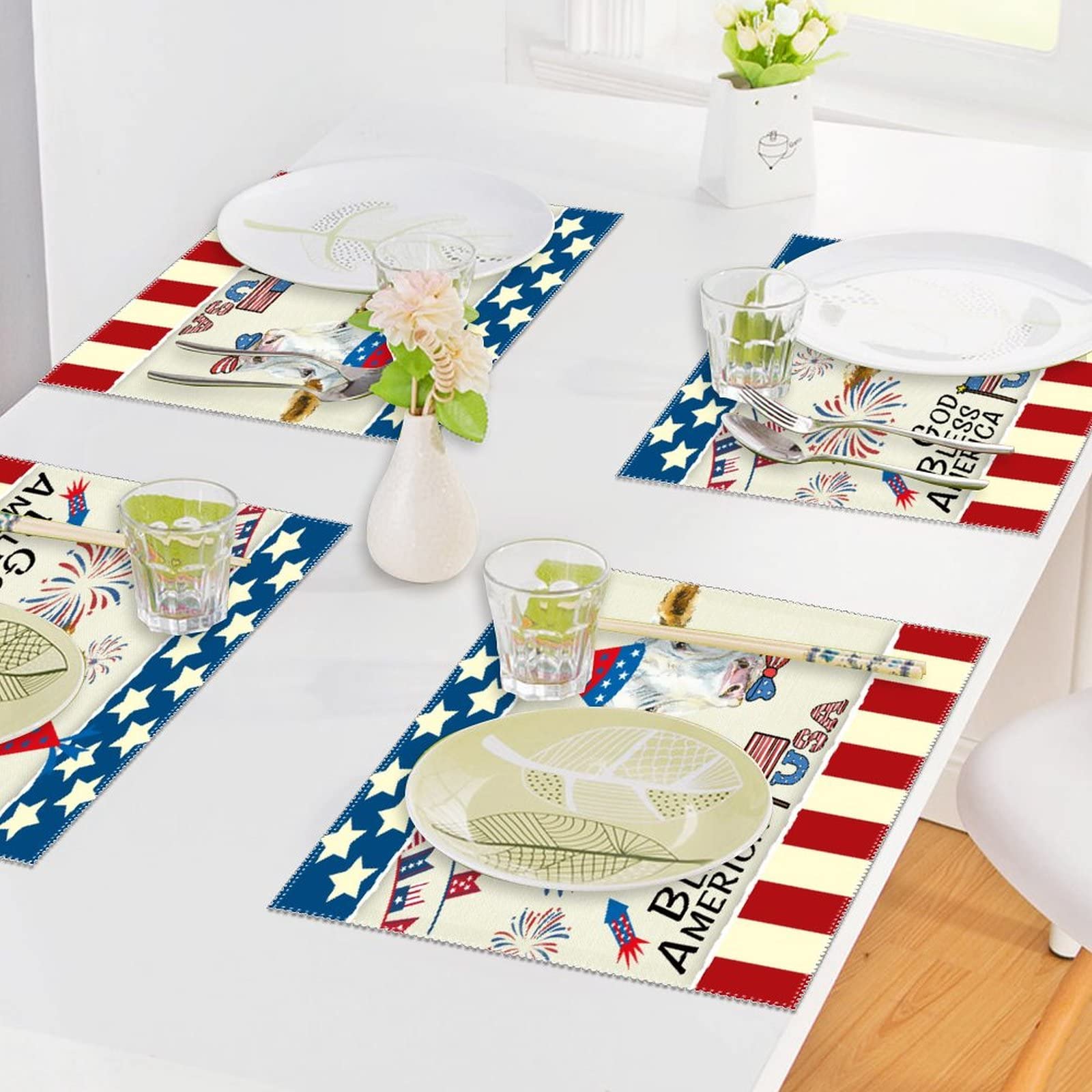 God Bless America Cow Farmhouse Placemats Set of 4 - Stain-Proof, Non-Slip & Heat Resistant - Patriotic American Flag Retro Table Decor for Dining, Kitchen & Banquet - Perfect for Memorial Day, 4th of July & Everyday Use