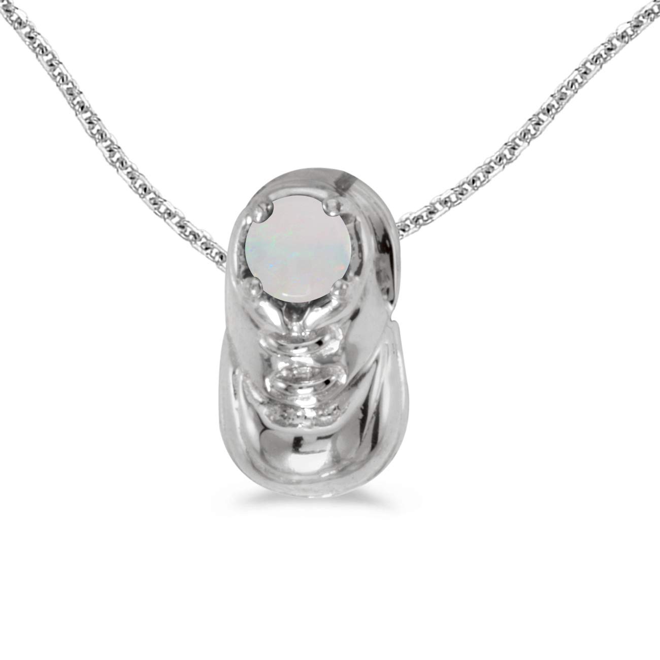 10K White Gold Round Opal Baby Bootie Pendant Necklace with 18