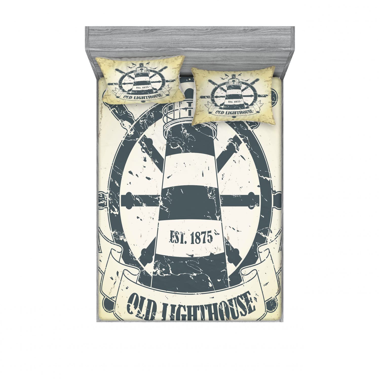 Ambesonne 2-Piece Nautical Bedding Set - Queen Size Fitted Sheets & Pillow Shams with Ship Helm Wheel Design in Grey, Yellow & Slate Blue - Perfect for Coastal Themed Bedrooms, Guest Rooms & Vacation Homes