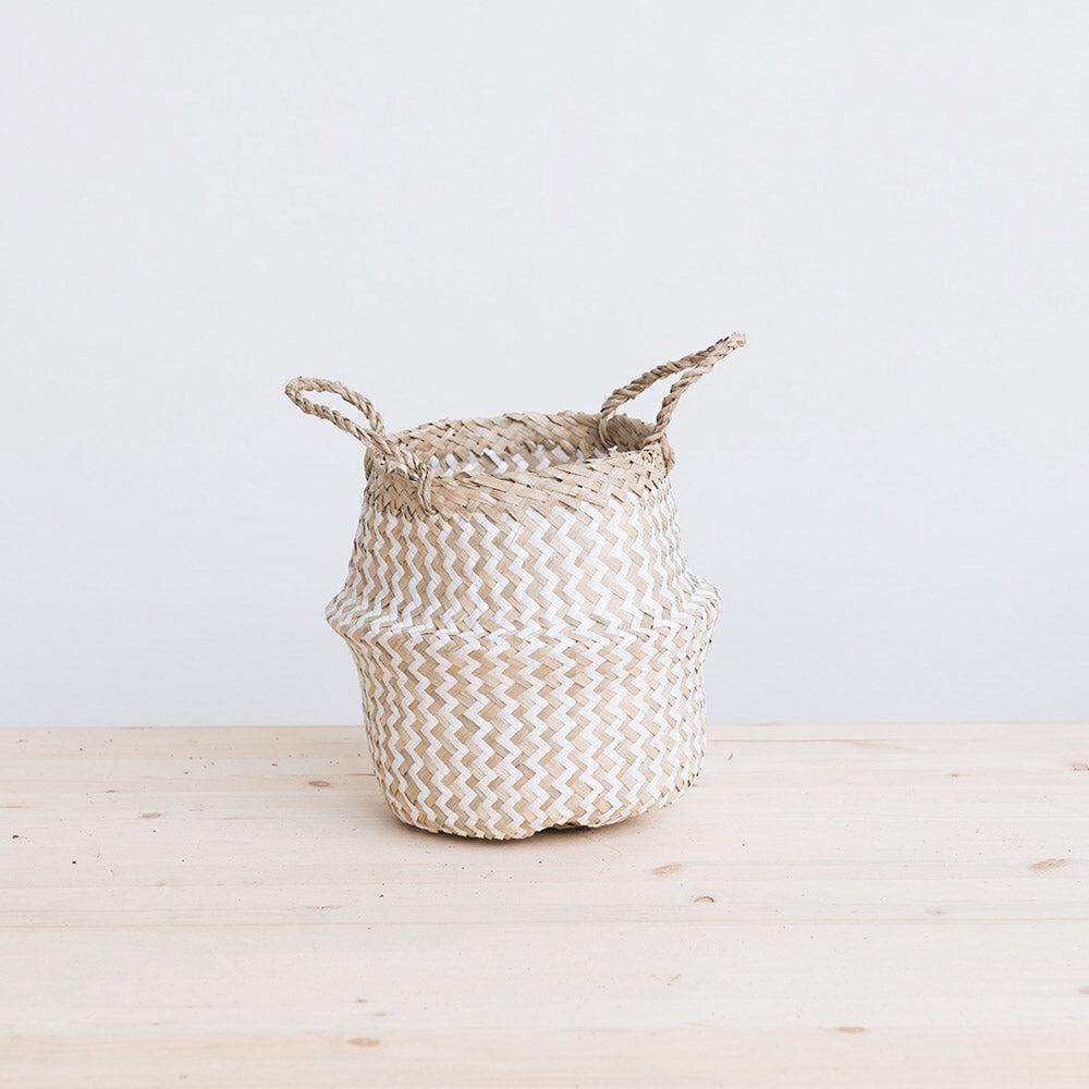 Mini Belly Basket - White Zigzag Pattern Storage Organizer for Home, Office, Nursery | Perfect for Toys, Blankets, and Laundry Organization