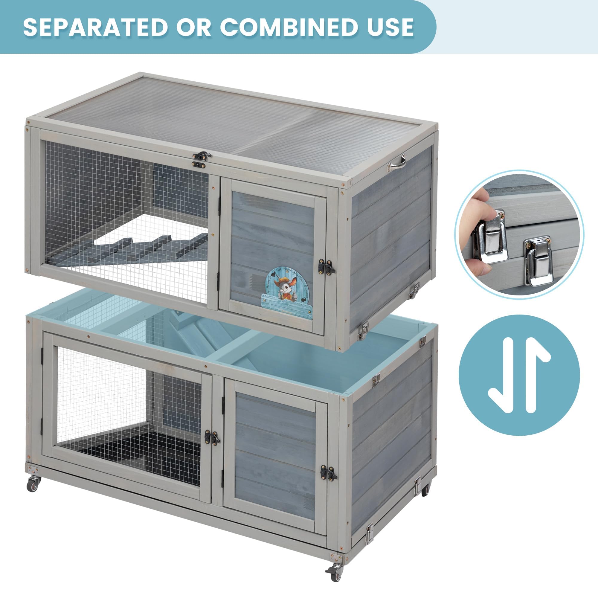 2-Story Wooden Rabbit Hutch - Weatherproof Indoor/Outdoor Bunny Cage with Wheels, Pull-Out Tray & Non-Slip Ramp - Grey Pet House for Rabbits, Guinea Pigs & Small Animals - Perfect for Backyard, Garden or Patio Use