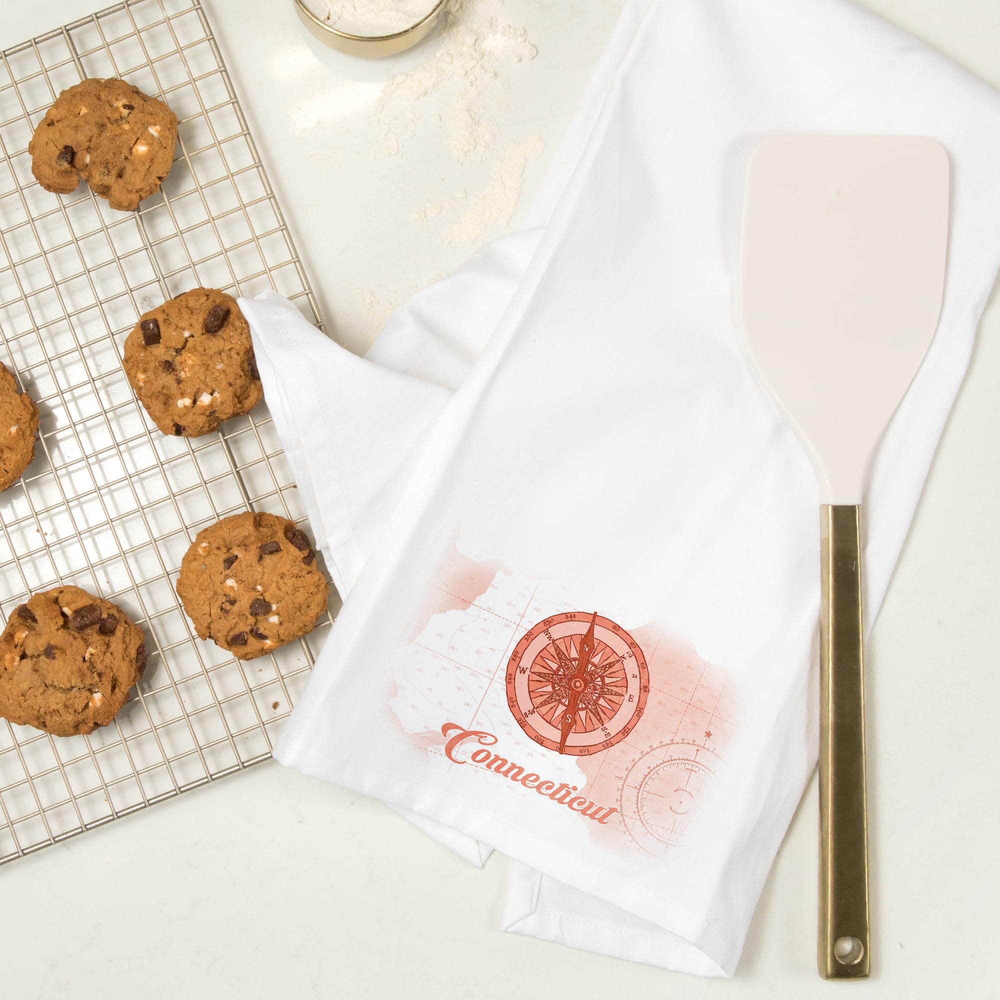 Lantern Press Connecticut Compass Coral Coastal Icon - 100% Cotton Tea Towel, Decorative Hand Towel for Kitchen & Home Decor | Perfect for Coastal Themed Kitchens, Beach House Decor, and Gift Giving