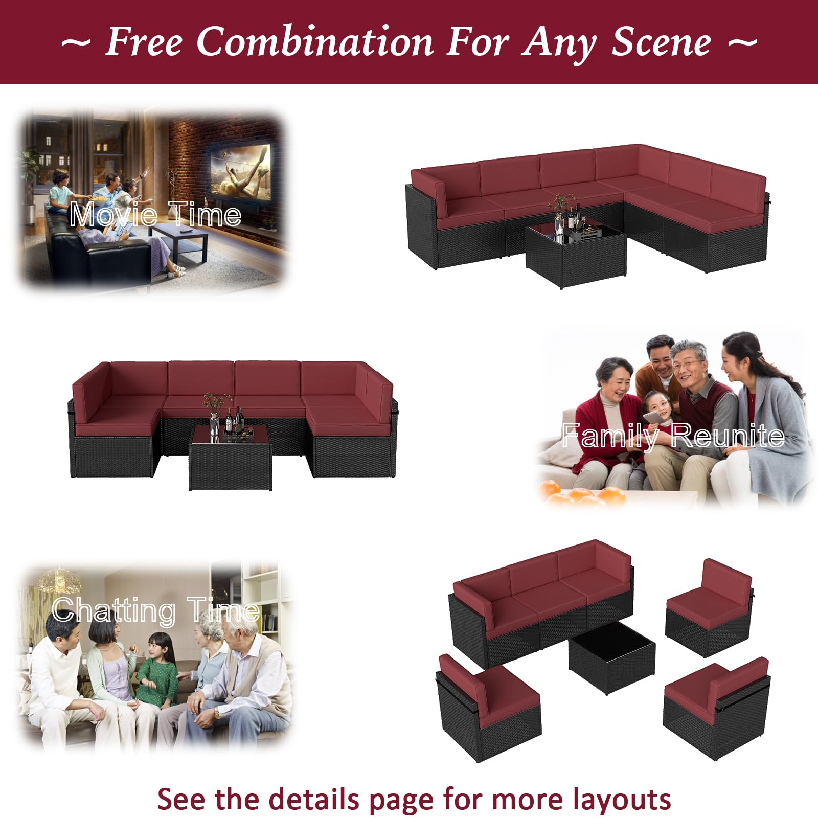 Kinsunny 7-Piece Outdoor Patio Furniture Set - Waterproof Wicker Sectional Sofa with Cushions & Glass Coffee Table - Garden, Backyard, Poolside Lounge Set (Burgundy) - Perfect for Entertaining, Relaxing & Outdoor Dining