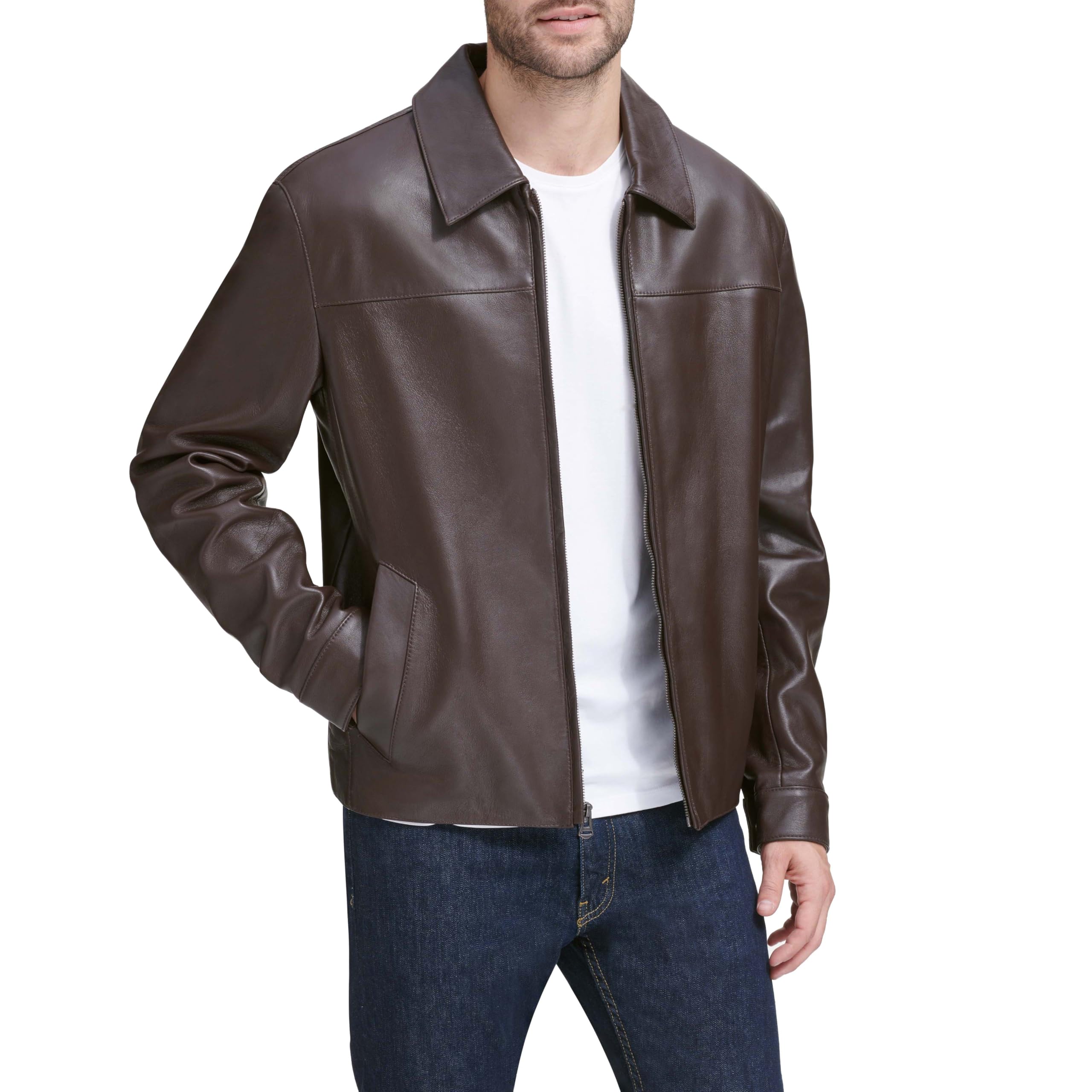 Cole Haan Signature Men's Smooth Lamb Leather Jacket - Dark Brown, Size Small | Premium Shirt Collar Design for Business Casual & Night Out | Perfect for Office Wear, Date Night & Fall Fashion