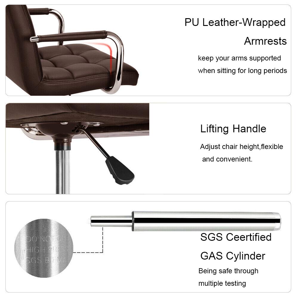 Modern Mid-Back Ribbed PU Leather Office Chair - Adjustable Executive Desk Chair with Wheels & Armrests for Home, Office, Kitchen Counter or Bar Use (Brown) - Ergonomic Computer Chair for Comfortable Working & Studying