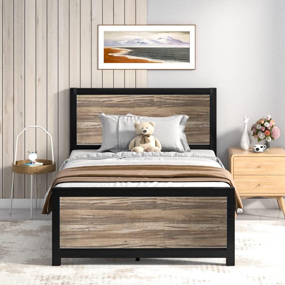 Catrimown Twin Bed Frame with Wood Headboard & Footboard - Heavy Duty Metal Frame, Noise-Free, No Box Spring Needed - Easy Assembly for Kids Room, Guest Bedroom & Dorm