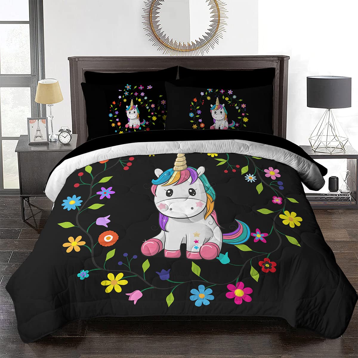 BlessLiving 8-Piece King Size Unicorn Comforter Set for Girls - Floral Cartoon Unicorn Bedding (Comforter, Pillowcases, Shams, Sheets, Cushion Cover) - Perfect for Kids' Room Decor & Fantasy Themed Bedrooms