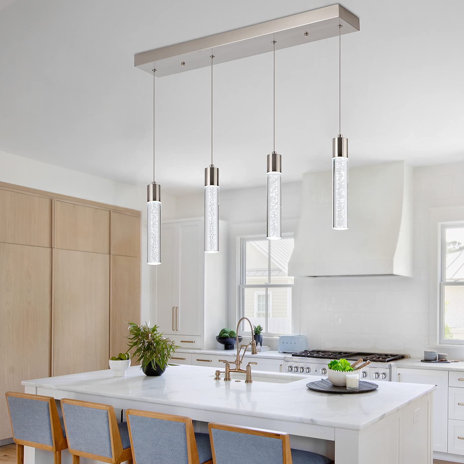 Modern 4-Light LED Pendant Lighting Fixture for Kitchen Island - 32W Crystal Bubble Chandelier with 6000K Daylight - Premium Hanging Ceiling Light for Dining Room, Bar Counter, and Home Decor