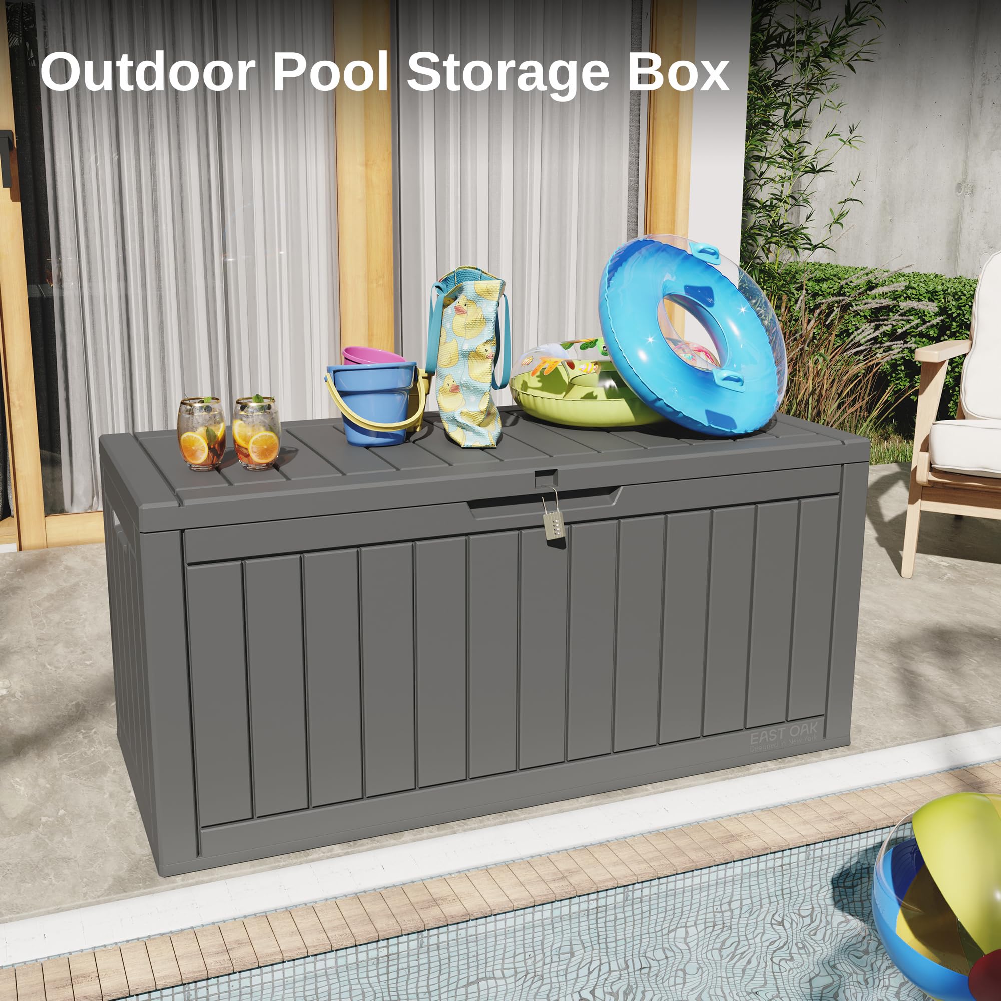 EAST OAK 90 Gallon Outdoor Storage Box - Waterproof Resin Deck Box with Lockable Lid, UV Resistant for Patio Furniture Cushions, Gardening Tools, Pool Toys | Perfect for Backyard, Garden & Poolside Organization (Grey)
