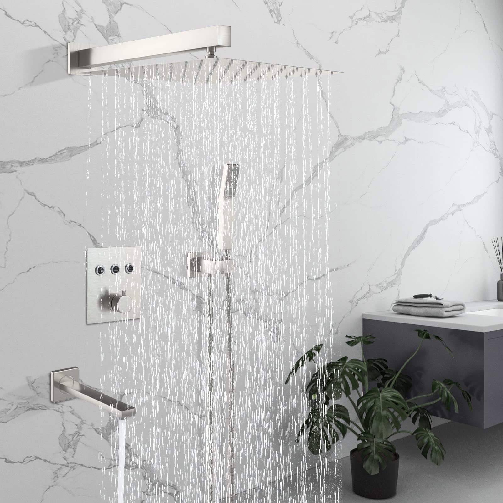 Ackwave 10 Inch Thermostatic Shower System - Wall Mounted Rainfall Shower Head with Handheld Spray, Brass Valve & Brushed Nickel Trim Kit for Modern Bathroom Upgrade | Perfect for Spa-Like Experience & Luxury Home Renovation