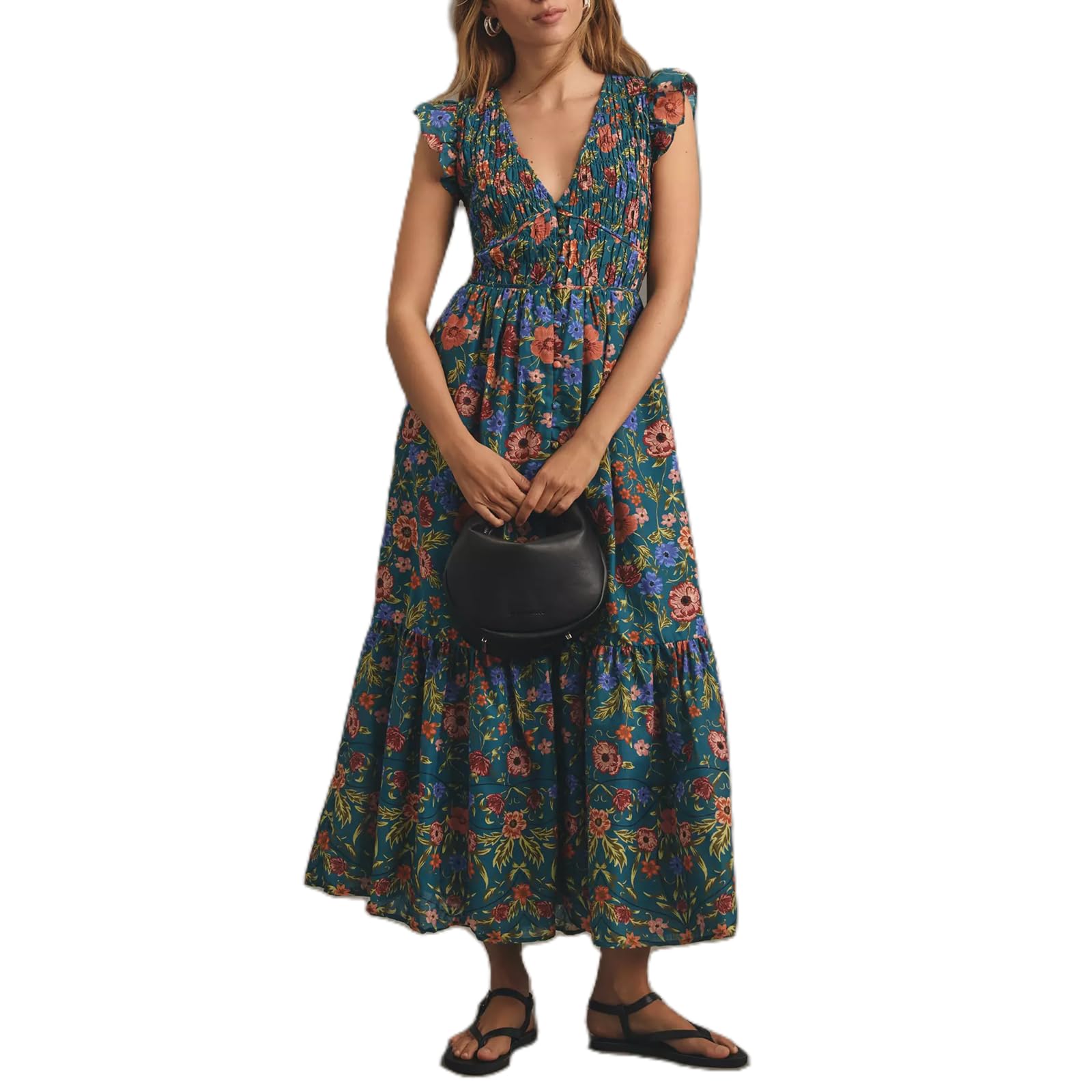 Y2K Women's Maxi Dress with Ruffles & Smocked Waist - Flowy Floral Button Down Cocktail Sundress for Vacation, Beach & Formal Occasions