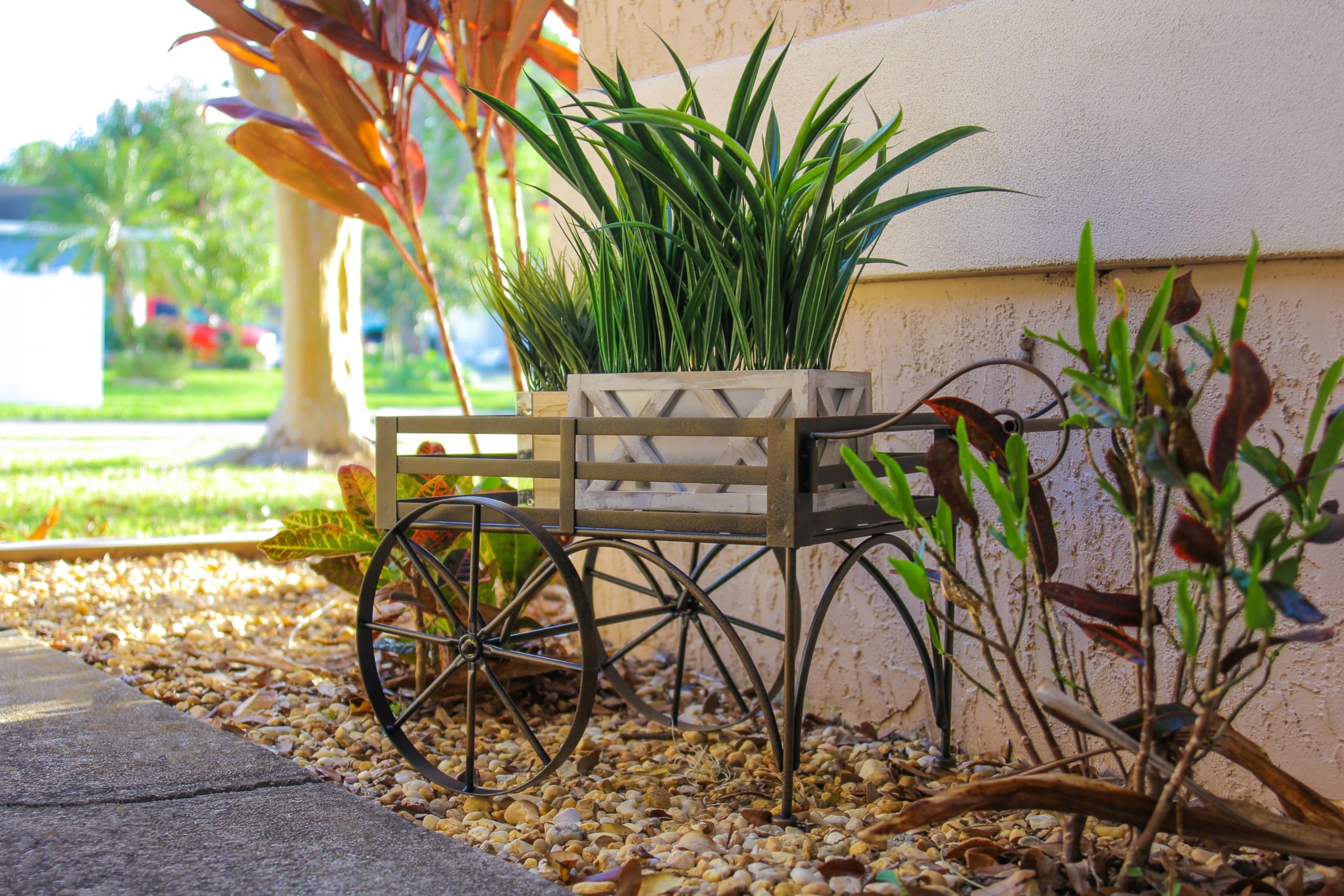 Rustic Brown Metal Wagon Cart Plant Stand - Indoor Outdoor Flower Pot Holder - Garden Decor for Patio, Balcony & Home - Perfect for Succulents, Herbs & Decorative Plants