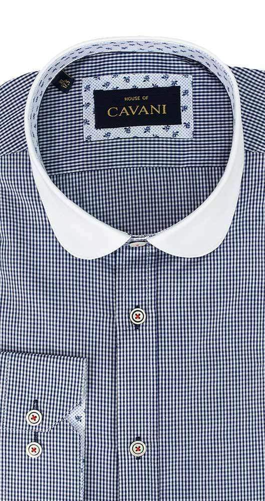 Cavani Men's Penny Round Collar Navy Gingham Check Formal Shirt - Peaky Blinders Style Business & Party Wear for Office, Wedding & Special Occasions