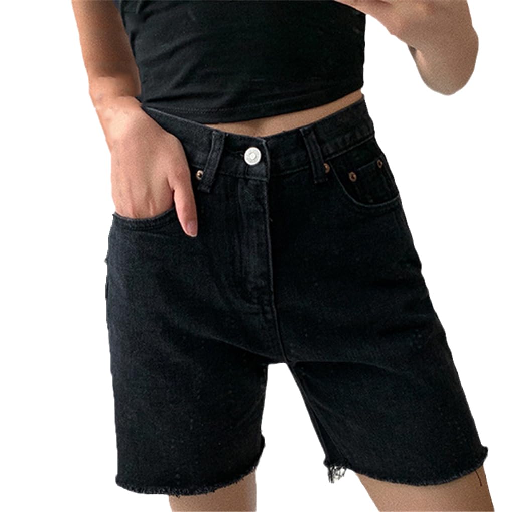 Vintage Women's High Waist Ripped Denim Shorts - Distressed Straight Leg Loose Fit Summer Casual Shorts for Beach, Music Festivals & Street Style