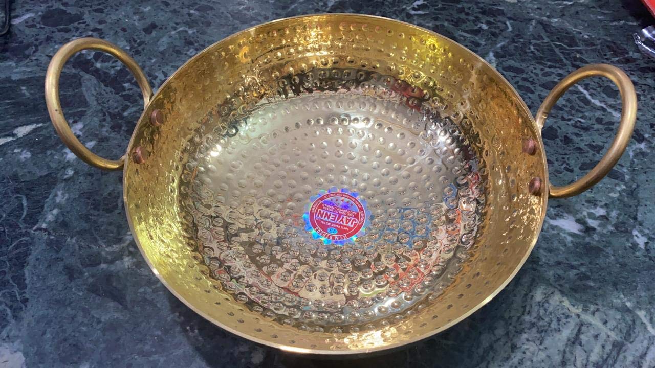 Finaldeals 2 Liter Hammered Brass Kadhai Pital Kadai - Traditional Indian Cooking Wok with Dual Side Handles for Stir Frying, Deep Frying & Serving Authentic Asian Cuisine