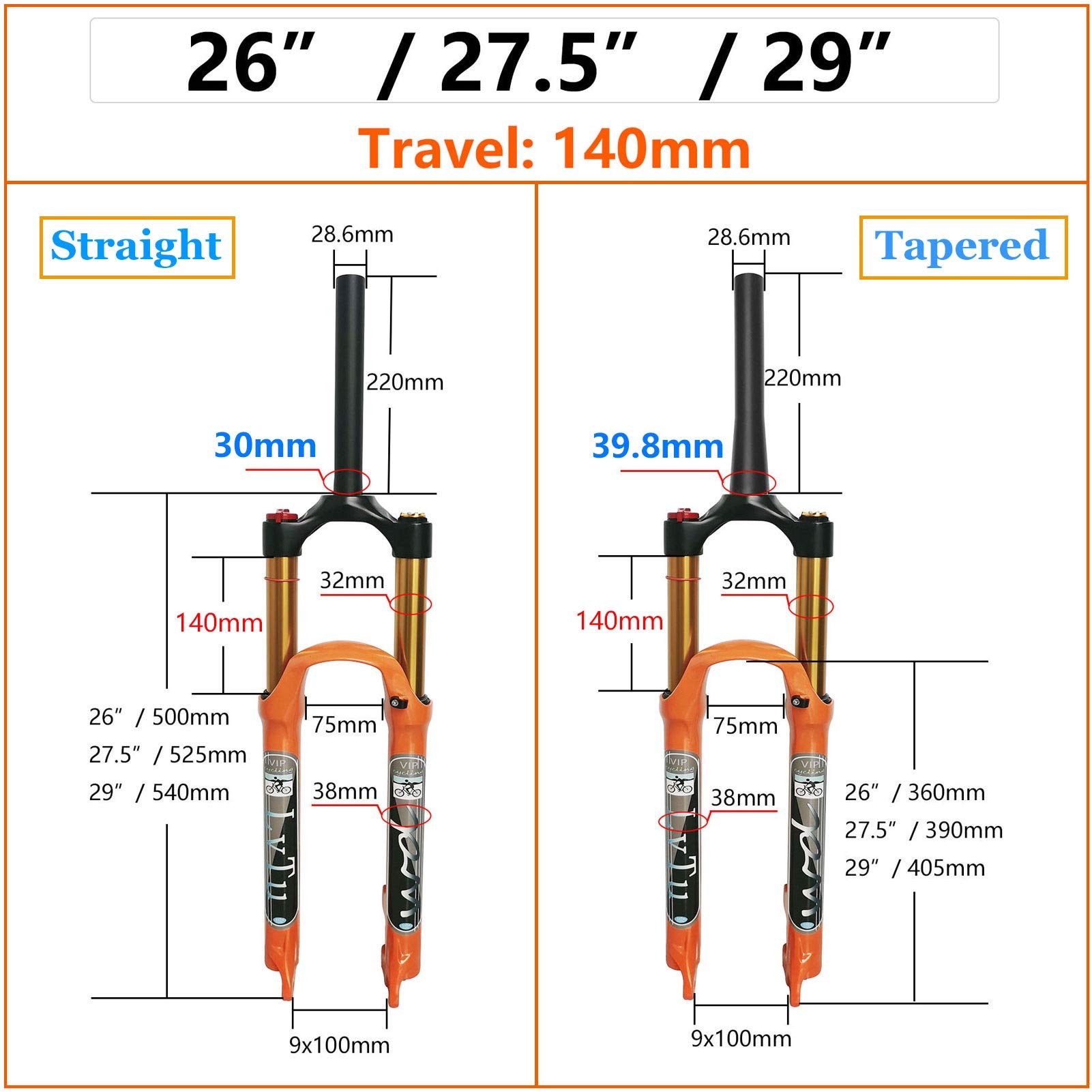 140mm Air Suspension Fork for 26/27.5/29 Inch MTB - Rebound Adjustable Straight/Tapered Tube XC/AM Mountain Bike Fork (Manual Lockout) - Perfect for Trail Riding & Cross-Country Adventures