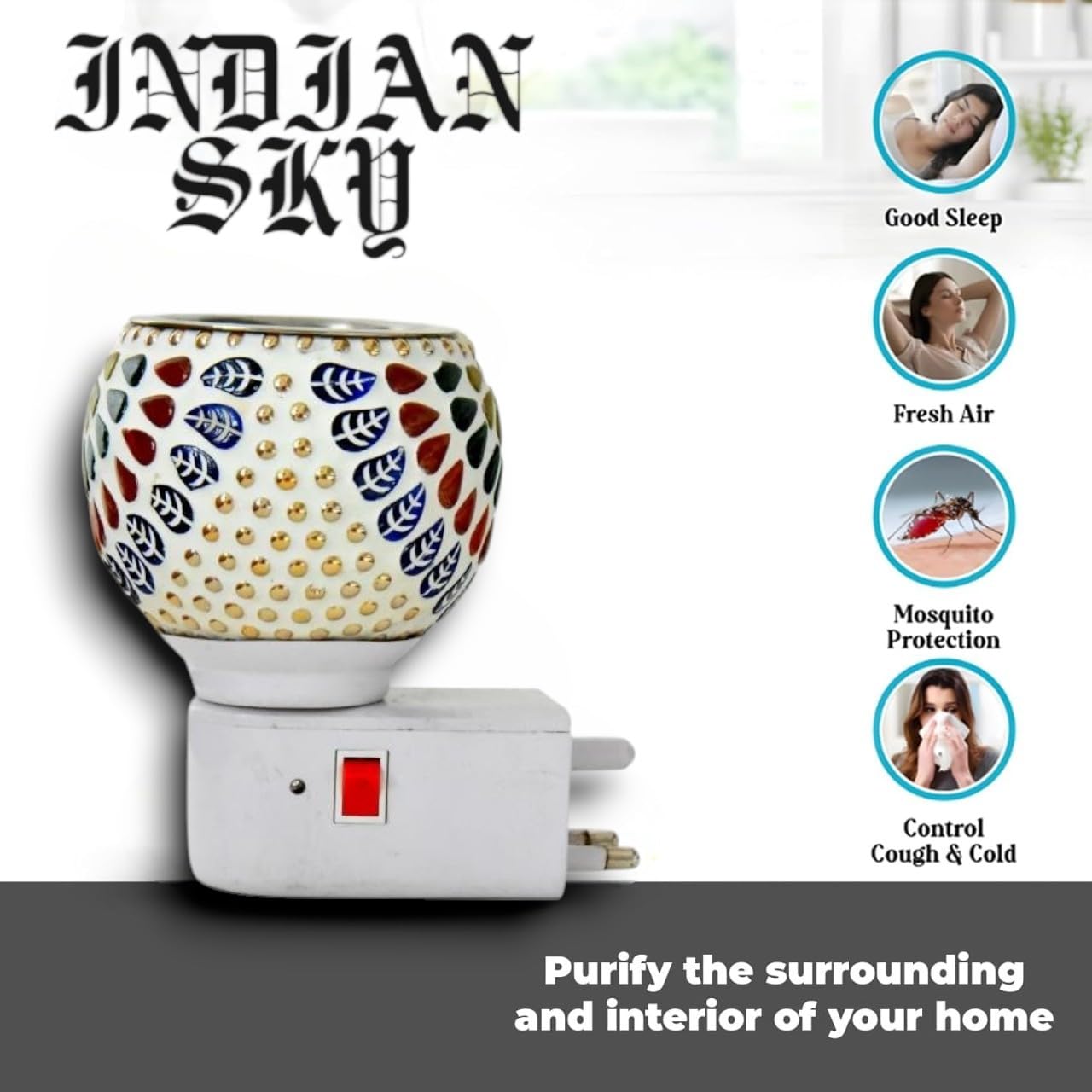 Indian Sky Pure Air Karpure Camphor Electric Diffuser - Ceramic Kapoor Dani with On/Off Switch & Night Light | Smoke-Free Aromatherapy for Home, Office, Yoga & Meditation | IS-M-13 MLTI Design
