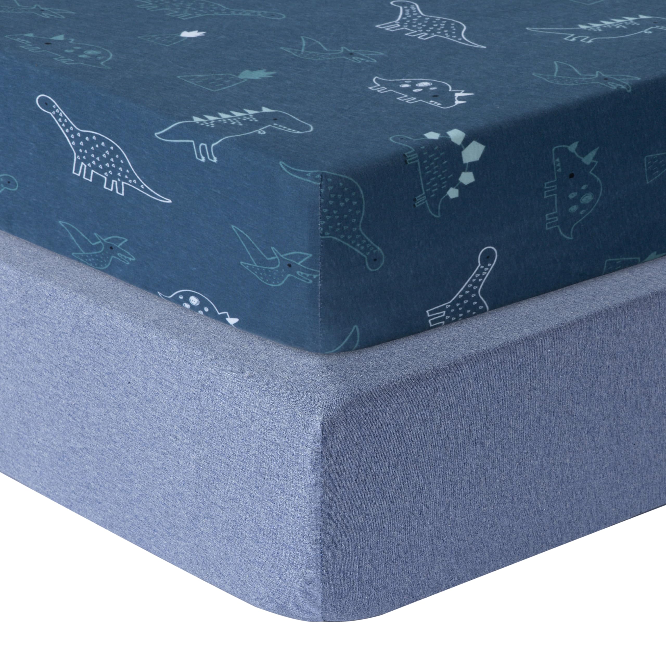 Premium 2-Pack 100% Cotton Crib Sheets for Boys & Girls - Ultra Soft Standard Crib Fitted Sheets (52x28 Inches) | Dinosaur & Denim Blue Designs | Perfect for Nursery, Daycare & Toddler Beds