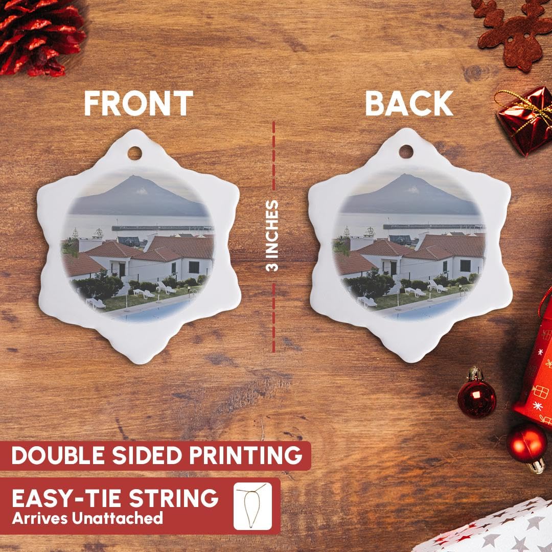 3dRose Traditional White Houses & Architecture in Horta, Faial Island with Pico Volcano Background - Christmas Snowflake Ornament for Tree Decor, Holiday Gift
