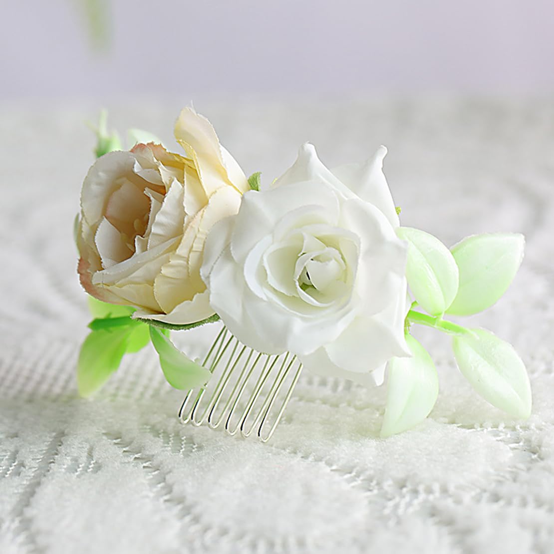 Fangsen Handmade Silk Rose Hair Comb - Elegant Wedding Hair Accessory for Brides, Bridesmaids & Flower Girls | Perfect for Mother's Day Gifts, Daily Wear, Parties & Banquets | Silver Floral Hairpin for Special Occasions & Formal Events