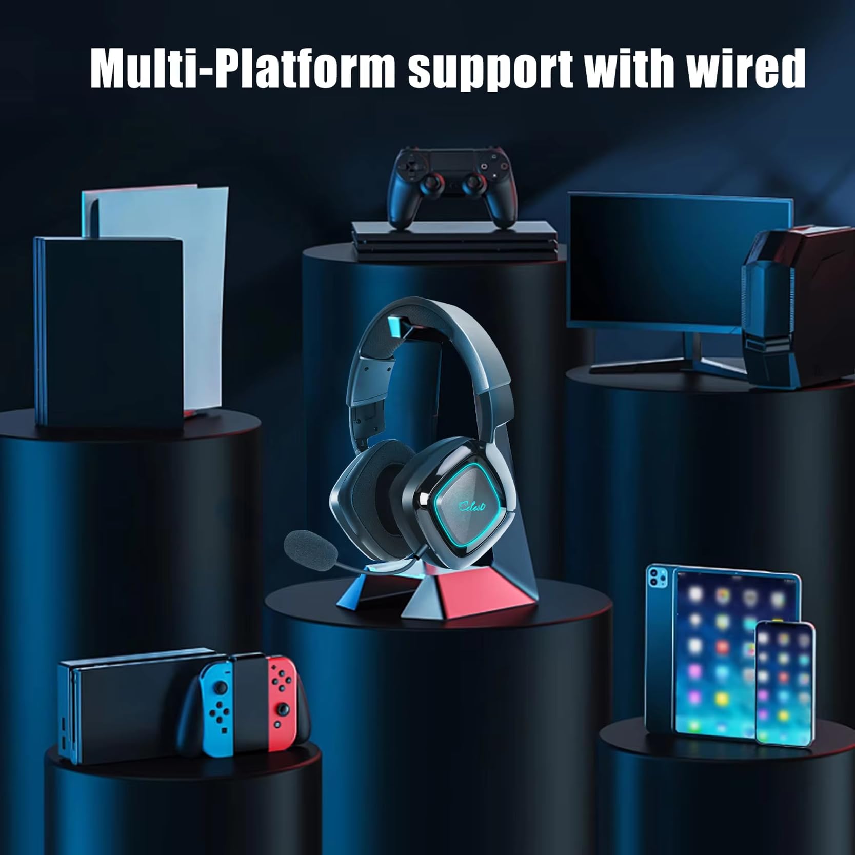 QOA Kinera Gaming Headset with Microphone - 7.1 Surround Sound Wired Over-Ear Headphones for PC, Xbox, PS4, PS5, Switch - Soft Ear Pads & Cool LED Lights - Perfect for Competitive Gaming & Streaming