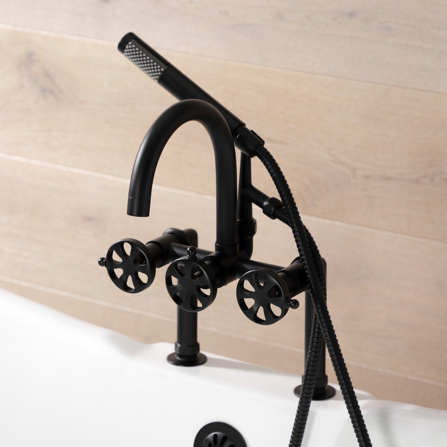 Belknap AE8100RX Matte Black 3-Handle 2-Hole Deck Mount Clawfoot Bathtub Faucet with Hand Shower - Vintage Style for Bathroom Renovation & Luxury Spa Experience