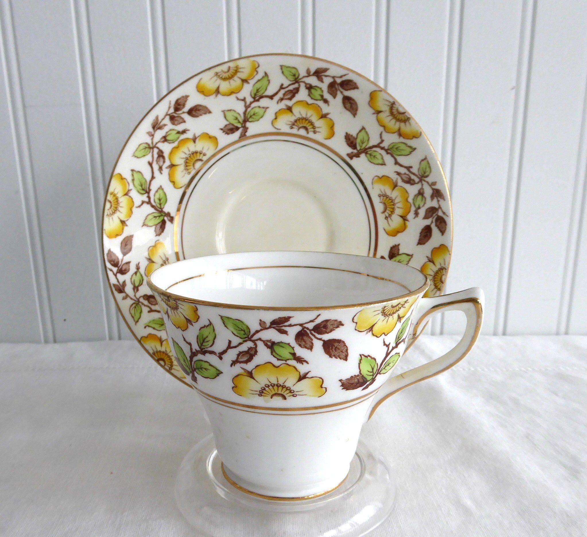 Vintage Rosina England Hand-Painted Floral Tea Cup and Saucer Set - Yellow Dog Roses Brown Transferware for Afternoon Tea, Collectible English Bone China