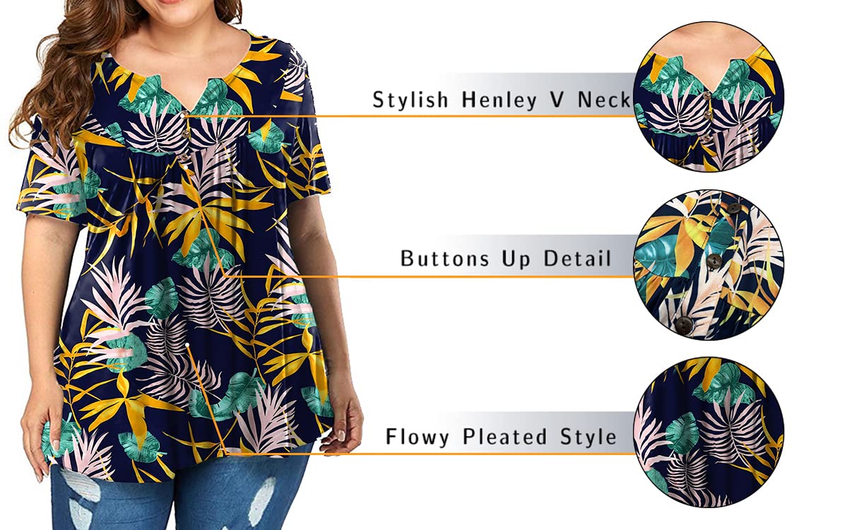 Plus Size Women's Summer Henley Shirts - Flowy Tunic Tops & Tees for Casual Wear, Beach Outfits & Everyday Comfort